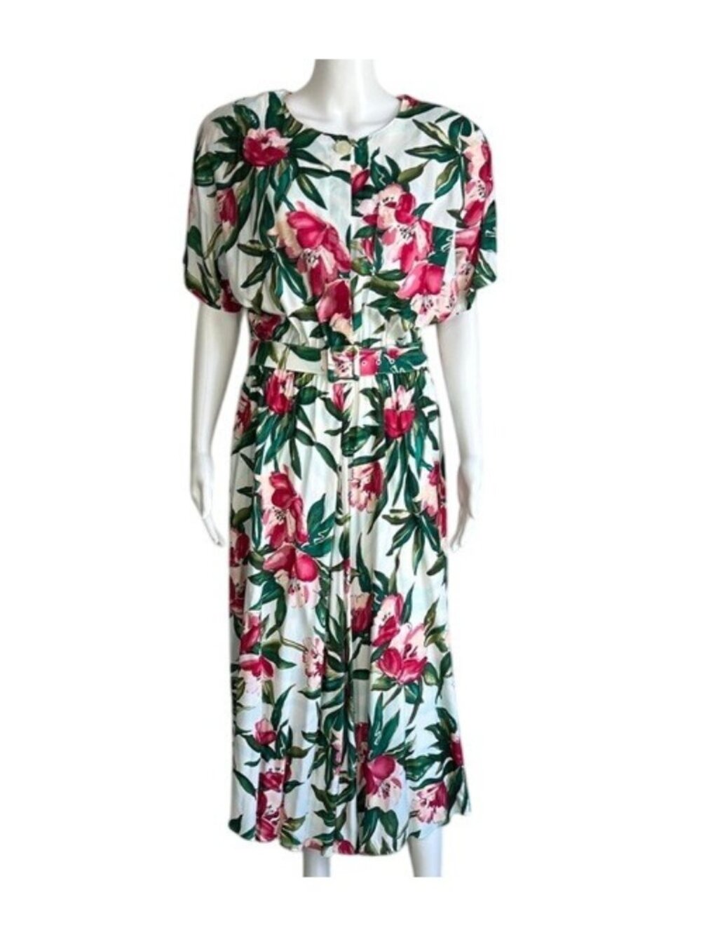 Vintage 90s Carol Anderson Cream Tropical Floral Belted Button-down Knee Length